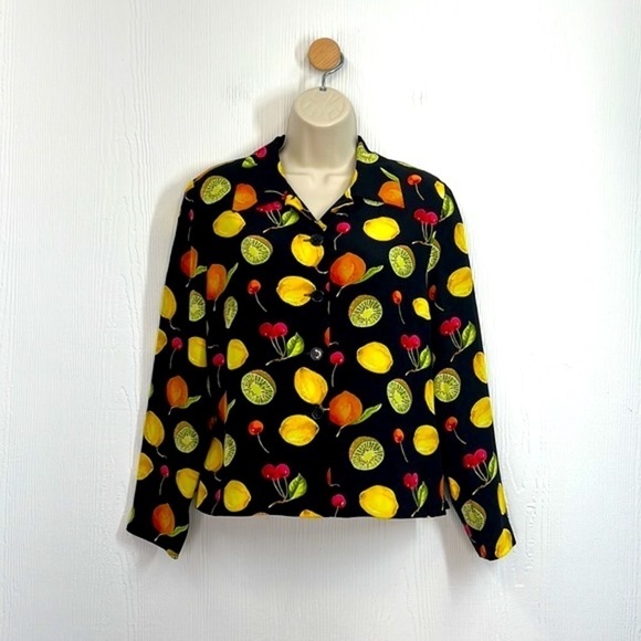 Maggy L - Bright Colorful Fruit Long Sleeve Button Down Silk Top Size 6 Petite - Picture 2 of 13